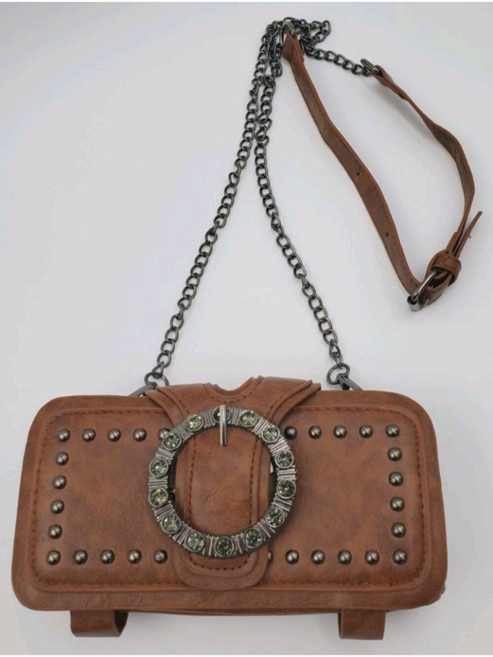 Brown Small Crossbody Wallet Bag, Zip Closure, Studded Hardware, Inner Pockets